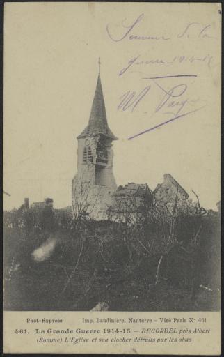 Bécordel (aujourd'hui Bécordel-Bécourt). - L'église et son clocher détruit par les obus.